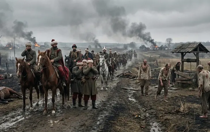 Yanmış köyler ve dumanlar arasında ilerleyen Osmanlı askerleri; yolda hastalık taşıyan, bitkin ve yaralı sivillerle karşılaşmaları.